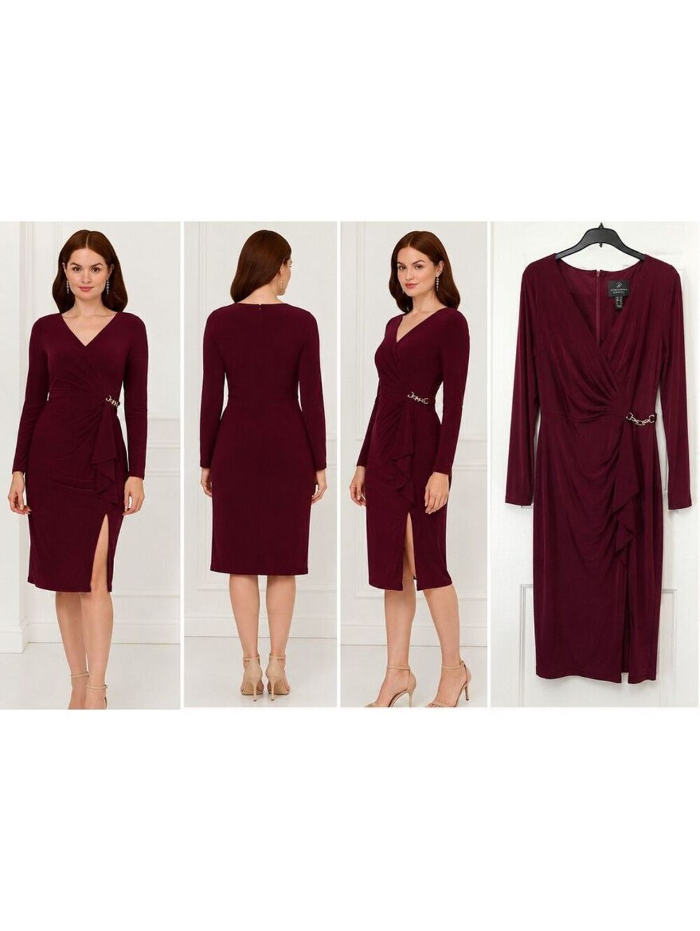 Adrianna Papell Wine Burgundy Long Sleeve Wrap Dress Ruched Gold Hardware Sz 12 - Picture 7 of 7
